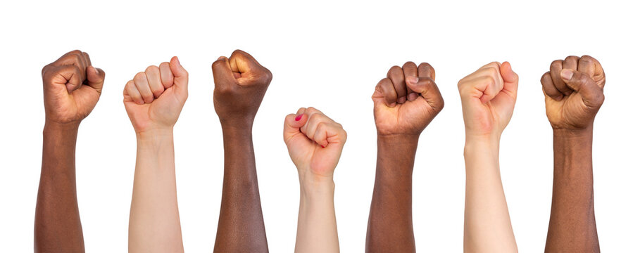 Many fists held up in the air isolated on white or transparent background	