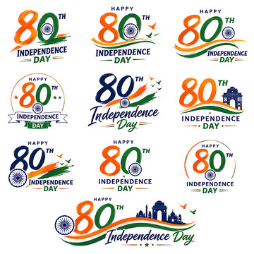 Set of 80th indian independence day celebration typographic logo designs