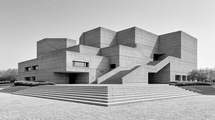 Fototapeta premium Modern Brutalist Concrete Architectural Masterpiece with Geometric Facade and Grand Staircase