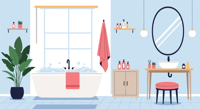 Beautifully designed modern bathroom with a white bubble bath, vanity table, oval mirror, and indoor plant.