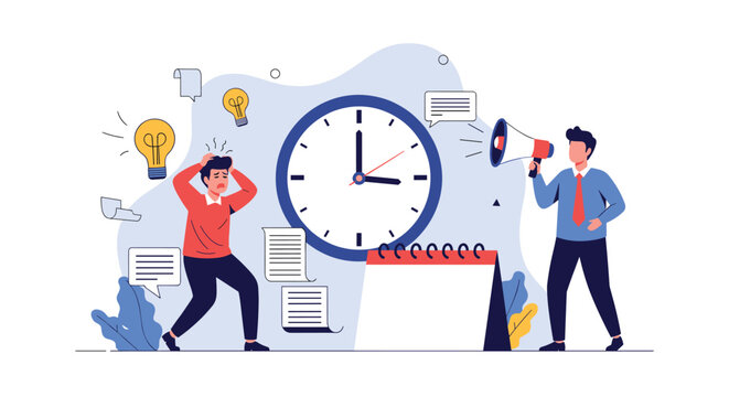 Stressed employee grabbing his head while a furious boss shouts through a megaphone, next to a large clock and calendar representing deadlines.