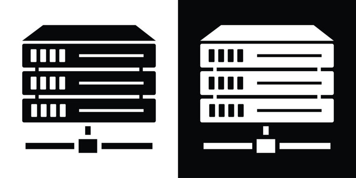 Database server stack connected to a network node vector icon isolated on black and white background. Minimalist web hosting and data infrastructure.
