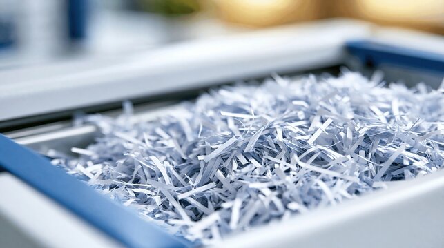 Close-up shot of shredded paper inside a document shredder machine, symbolizing data security and destruction