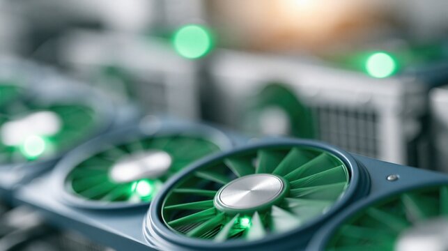 Close-up on row of green fans on cryptocurrency mining rig with glowing lights