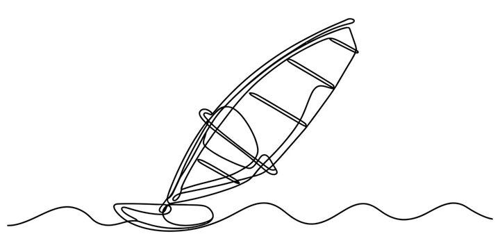 Continuous single line drawing of a windsurfer sailing on the water waves