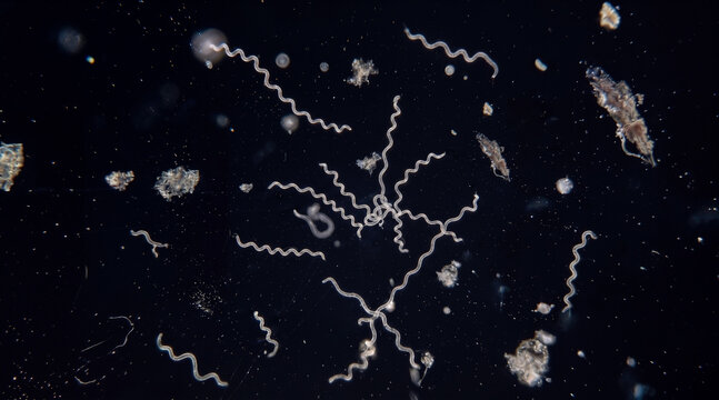 Microscopic view of Borrelia spirochetes, the spiral-shaped bacteria associated with Lyme disease. 