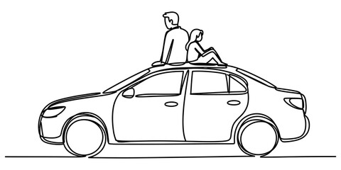 Obraz premium Father and daughter sitting together on the roof of a car line drawing