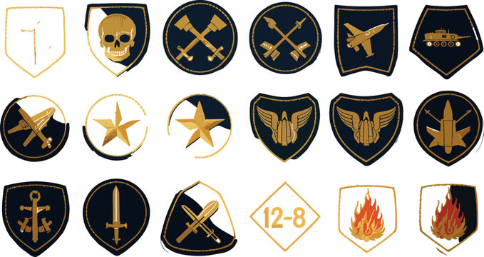 Military Emblem and Tactical Patch Icon Set with Skull, Star, Fire, Jet, Tank, and Shield Symbols for Armies, Security Forces, and Gaming Branding