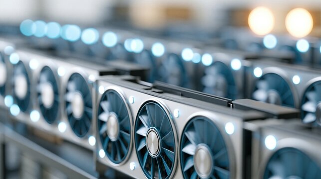 Rows of high-performance computer graphics cards with glowing blue lights for cryptocurrency mining operations
