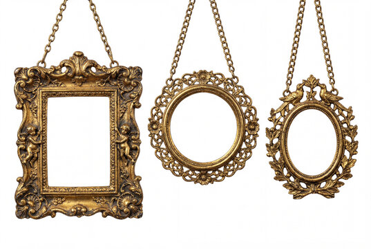 Collection of three highly ornate antique gold picture frames suspended by elegant chains isolated on a white background. Classic empty blank vintage borders with baroque design.