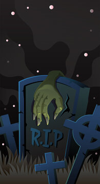 Halloween vertical background with zombie hand rising from graveyard book cover