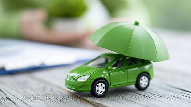 Green toy car protected by a miniature umbrella, symbolizing automotive insurance and safety