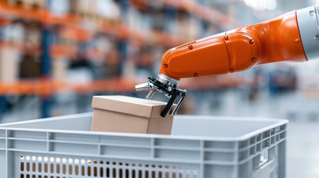 Robotic arm placing a small box into a logistics container in a modern warehouse