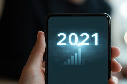 Close up of hand holding smartphone displaying glowing 2021 year and growing graph on screen