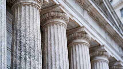 Fototapeta premium Close-up of classical stone columns of an imposing neoclassical building, symbolizing law, justice, and tradition