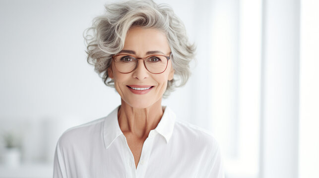 Elegance in Experience: A sophisticated woman with stylish gray hair and glasses radiates confidence and warmth, a picture of grace and maturity.