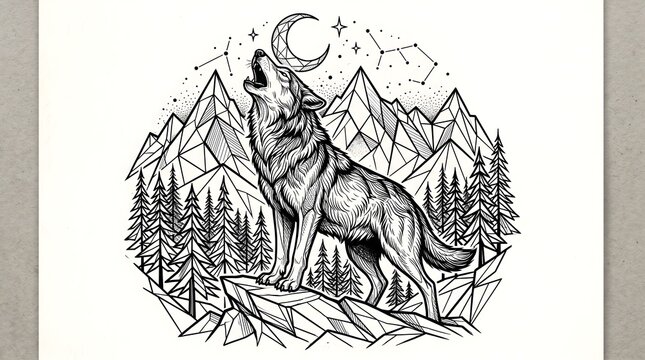 Howling wolf line art illustration, geometric mountain landscape with crescent moon and stars, black and white wildlife sketch for tattoos and posters