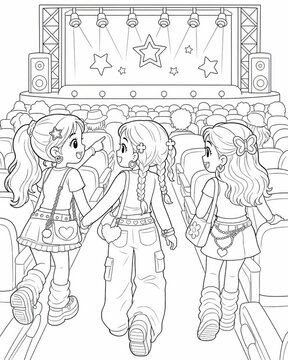Three girls excitedly heading to a y2k concert embracing friendship and retro fashion in a fun coloring page