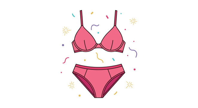 Pink female swimsuit or lingerie set consisting of bra and panties, creative fashion background with confetti.