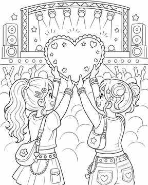 Coloring page of a retro music event showcasing teenage girls holding a heart shaped sign during a y2k concert night