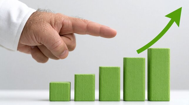 Hand pointing to rising green graph bars and upward arrow symbolizing financial growth and positive business performance