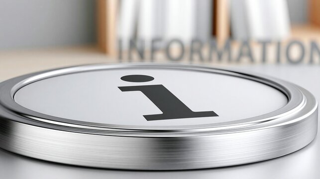 Close-up of a metallic information icon with the word 'information' blurred in the background