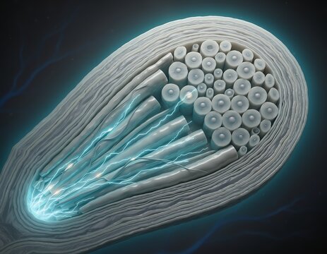 Detailed 3D Medical Illustration of a Peripheral Nerve Fascicle Cross Section with Myelinated Axon Fibers and Neural Electrical Signaling
