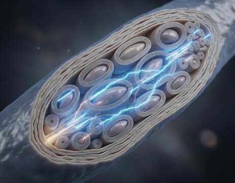 A detailed 3D render of a cross-section of a peripheral nerve fascicle showing myelinated axons.