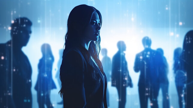 Standing Out in the Crowd: A determined woman stands in the foreground, silhouetted against a backdrop of glowing blue lights and indistinct figures, representing individuality and ambition.