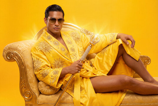 Confident wealthy man wearing sunglasses and a luxurious embroidered yellow robe relaxing on an ornate gold chaise lounge holding a royal scepter against a yellow background.
