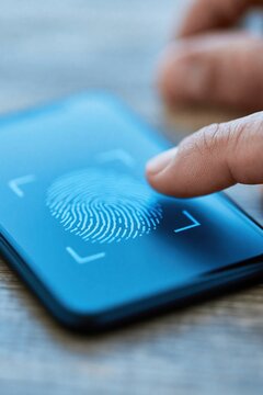 Close-up of a Finger Scanning Fingerprint on a Smartphone Screen for Biometric Authentication
