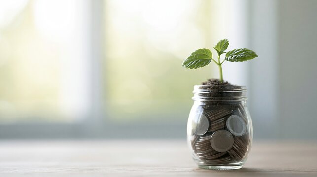 Green sprout growing from soil in a glass jar filled with coins, symbolizing financial growth and investment