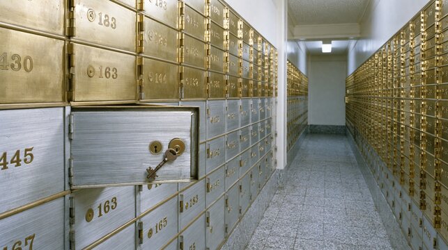 Rows of golden safe deposit boxes with one open drawer revealing a key and valuables, a secure vault hallway.