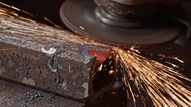 Industrial metal worker grinding steel with rotating disk. Sparks flying from metal cutting process in workshop. Craftsmanship and heavy manufacturing concept task.