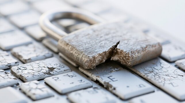 Damaged padlock broken and locked on a white computer keyboard symbolizing data breach or security failure