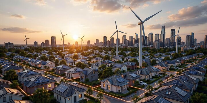 An aerial view of a sustainable city with wind turbines and solar panel houses, showcasing green energy solutions and smart grid technology at sunset.