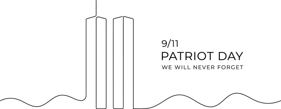 Patriot Day 9/11 memorial vector illustration, continuous line drawing of twin towers with we will never forget text, minimalist September 11 remembrance banner for tribute and honor