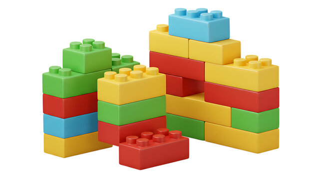 3d icon of colorful building blocks stacked in various formations, isolated on transparent background