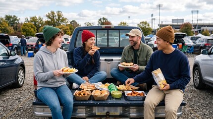 Friends Enjoying Tailgate Party Food and Drinks Before A Sporting Event In A Stadium Parking Lot