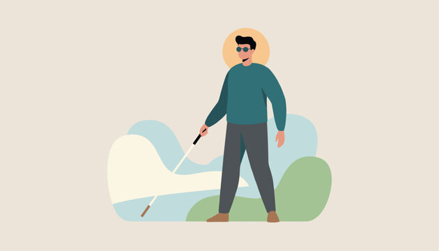 Blind man wearing dark sunglasses walking with a white cane on an abstract background, representing disability and awareness.