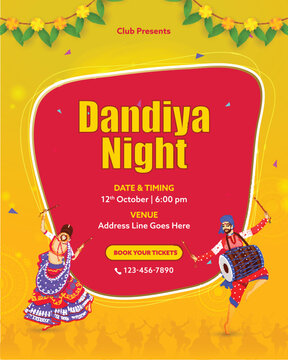 Dandiya Night Event Template with Indian Woman Dancing Dandiya Dance and Drummer on Yellow and Red Background.