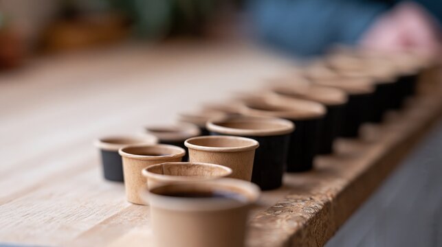 Row of small paper cups, some black and some brown, arranged on a wooden surface for tasting or sampling.