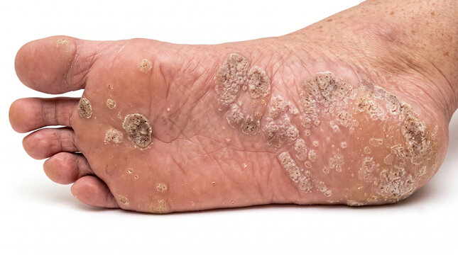 Severe Plantar Warts Covering the Sole of a Foot - Extensive Verruca Plantaris Lesions on Plantar Surface of Human Foot