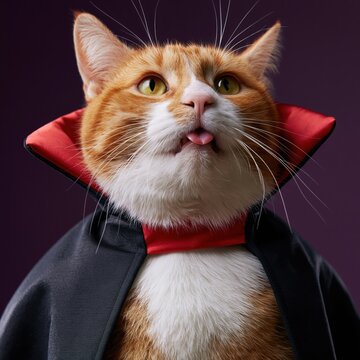 Cat in vampire costume for Halloween celebration. Purple background 