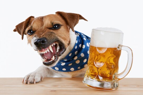 Drunk dog with beer. Drunk dog holding a beer mug 