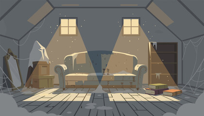 Dark abandoned attic filled with dust, cobwebs, old furniture, a dirty sofa, and sunlight streaming through windows. © Juell