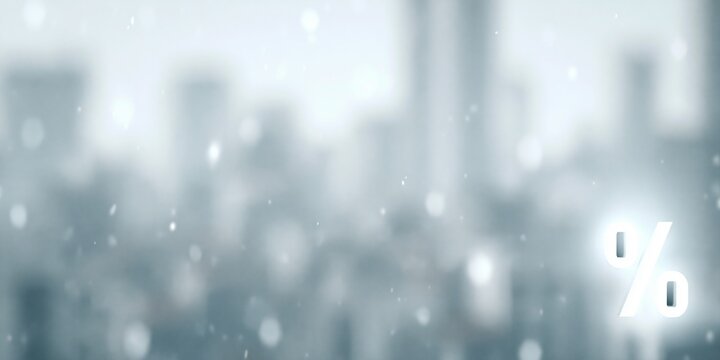 Glowing Percentage Symbol on Snowy Cityscape Background Representing Financial Markets and Winter Sales