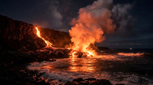 Volcanic lava flow entering the ocean at night, molten magma stream cascading down rocky cliffs, glowing volcanic eruption with steam and smoke