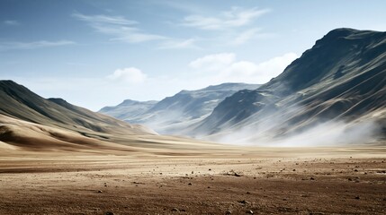Obraz premium Vast arid desert valley with rolling hills and distant mountains under a clear blue sky
