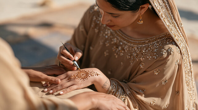 A henna artist in harsh midday sunlight completes an intricate bridal hand design on one side while a before treatment outline sketch is visible on the other hand, sleep debt